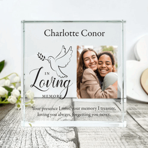 Personalised Memorial Photo Crystal Token – In Loving Memory Dove Design