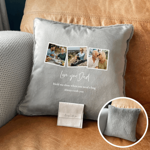 Personalised Memorial Cuddle Cushion – Three Photo Ashes Keepsake Pillow with Faux Fur