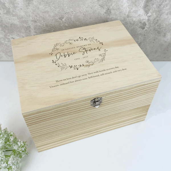 Personalised Wooden Memory Box – Pine Wreath Design, Keepsake in 4 Sizes
